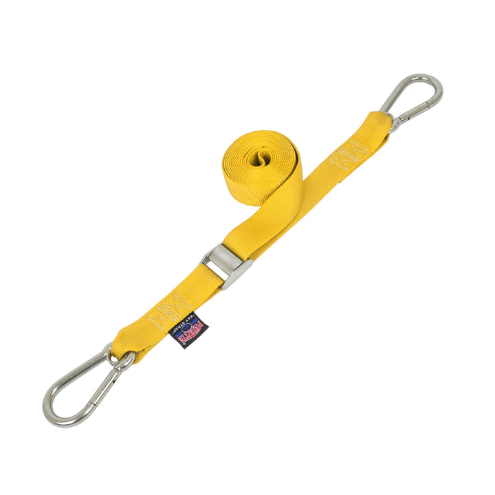 PowerTye 1.5in STAINLESS - CAM BUCKLE - TIE - DOWN with STAINLESS Carabiner Hooks(each)#color_yellow