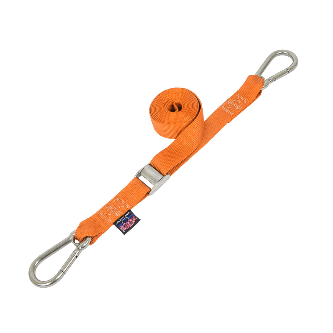 PowerTye 1.5in STAINLESS - CAM BUCKLE - TIE - DOWN with STAINLESS Carabiner Hooks(each)#color_orange