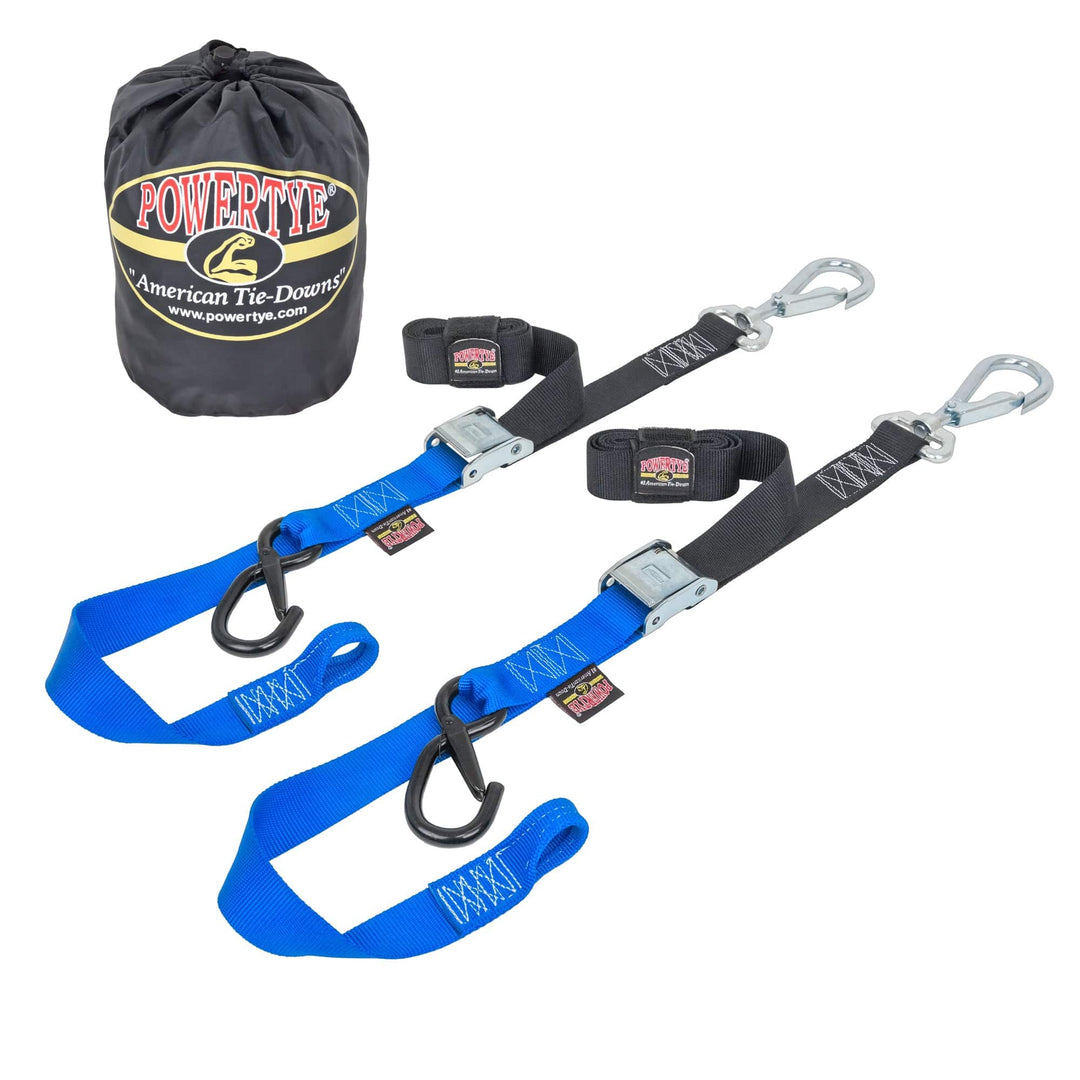 PowerTye 1.5in x 6ft Deluxe Tie-Down Kit with Swivel Latch Hook for Motorcycles and off-road vehicles#color_black-blue