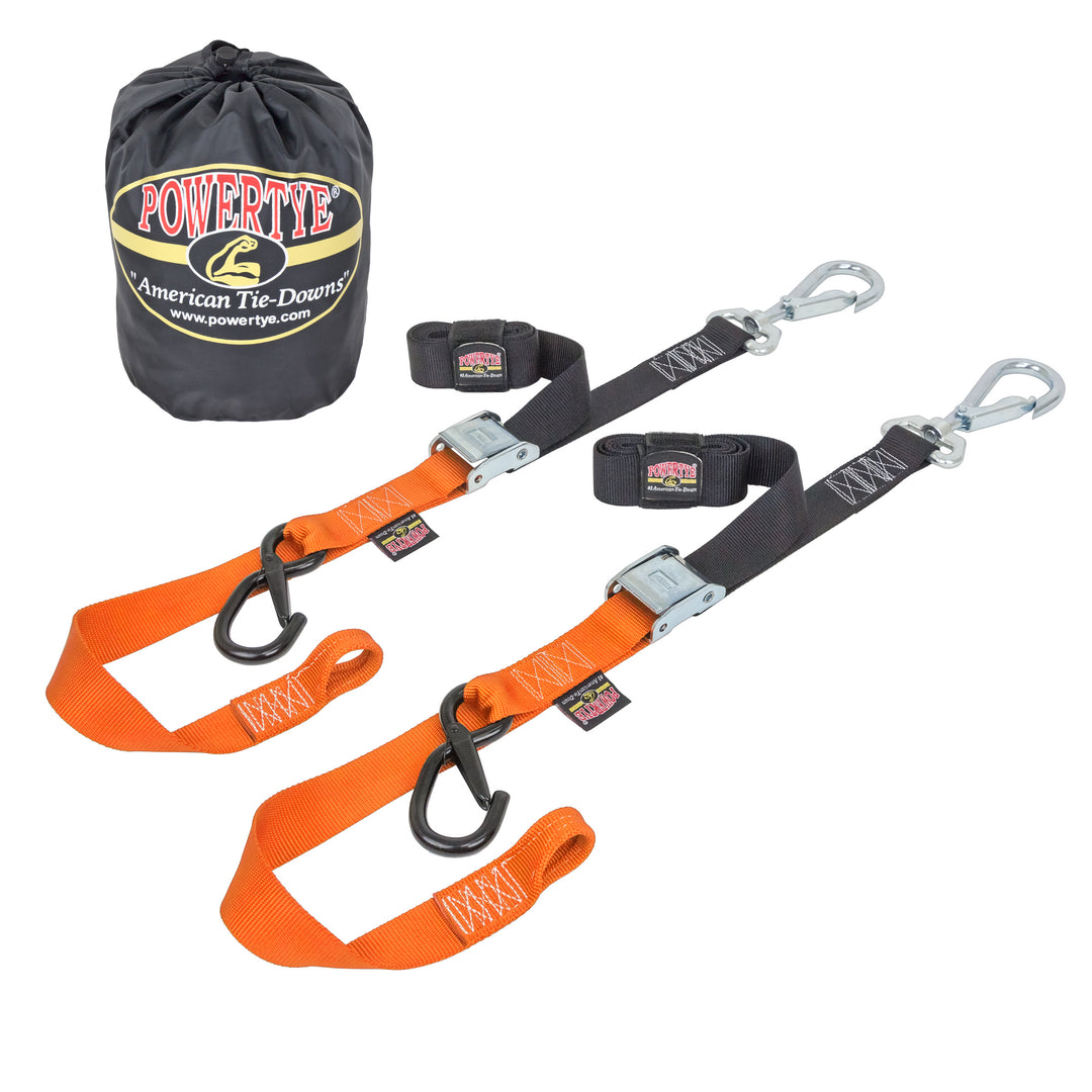 PowerTye 1.5in x 6ft Deluxe Tie-Down Kit with Swivel Latch Hook for Motorcycles and off-road vehicles#color_black-orange
