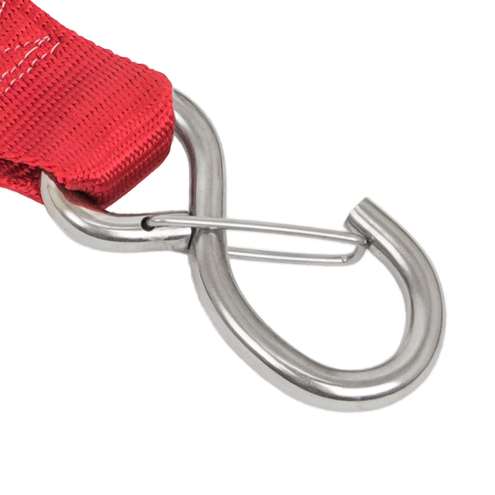 PowerTye 2in STAINLESS STEEL RATCHET STRAPS with STAINLESS LATCH HOOKS CLOSE-UP#color_red