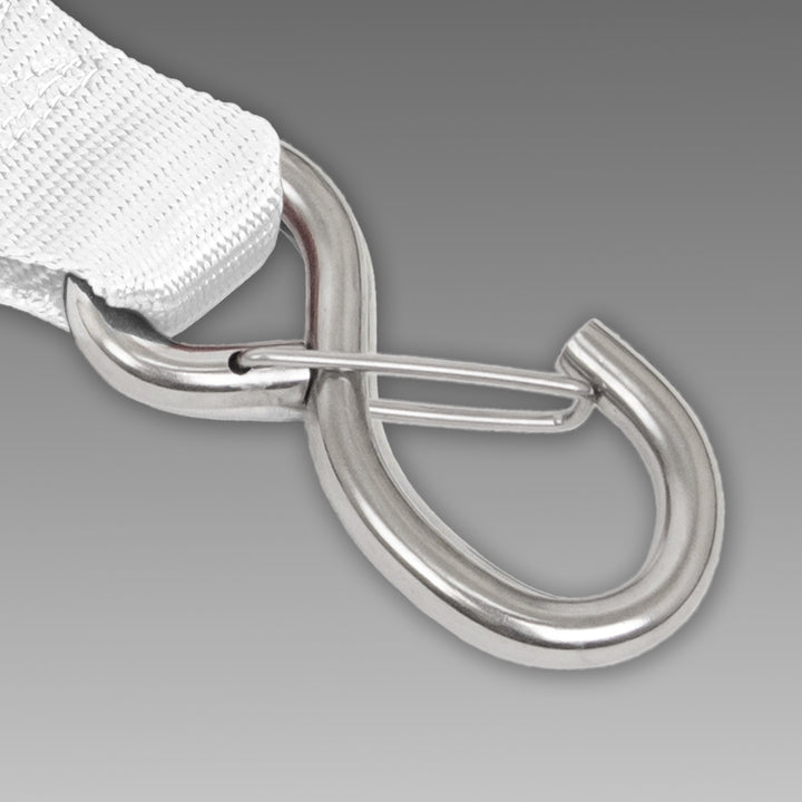 PowerTye 2in STAINLESS STEEL RATCHET STRAPS with STAINLESS LATCH HOOKS CLOSE-UP#color_white