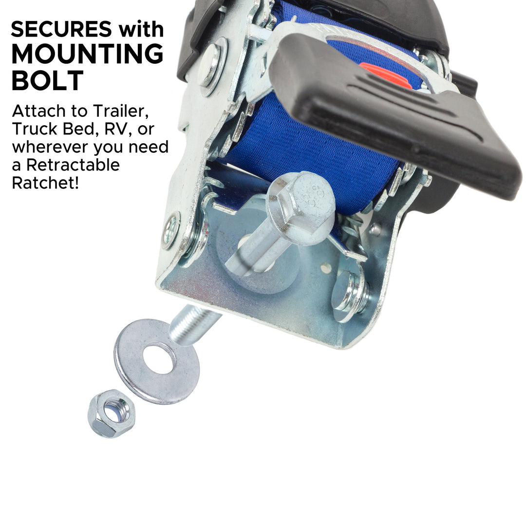 PowerTye 2in x 6ft RETRACTOR RATCHET TIE - DOWNS with MOUNTING BOLT CLOSE-UP#color_blue