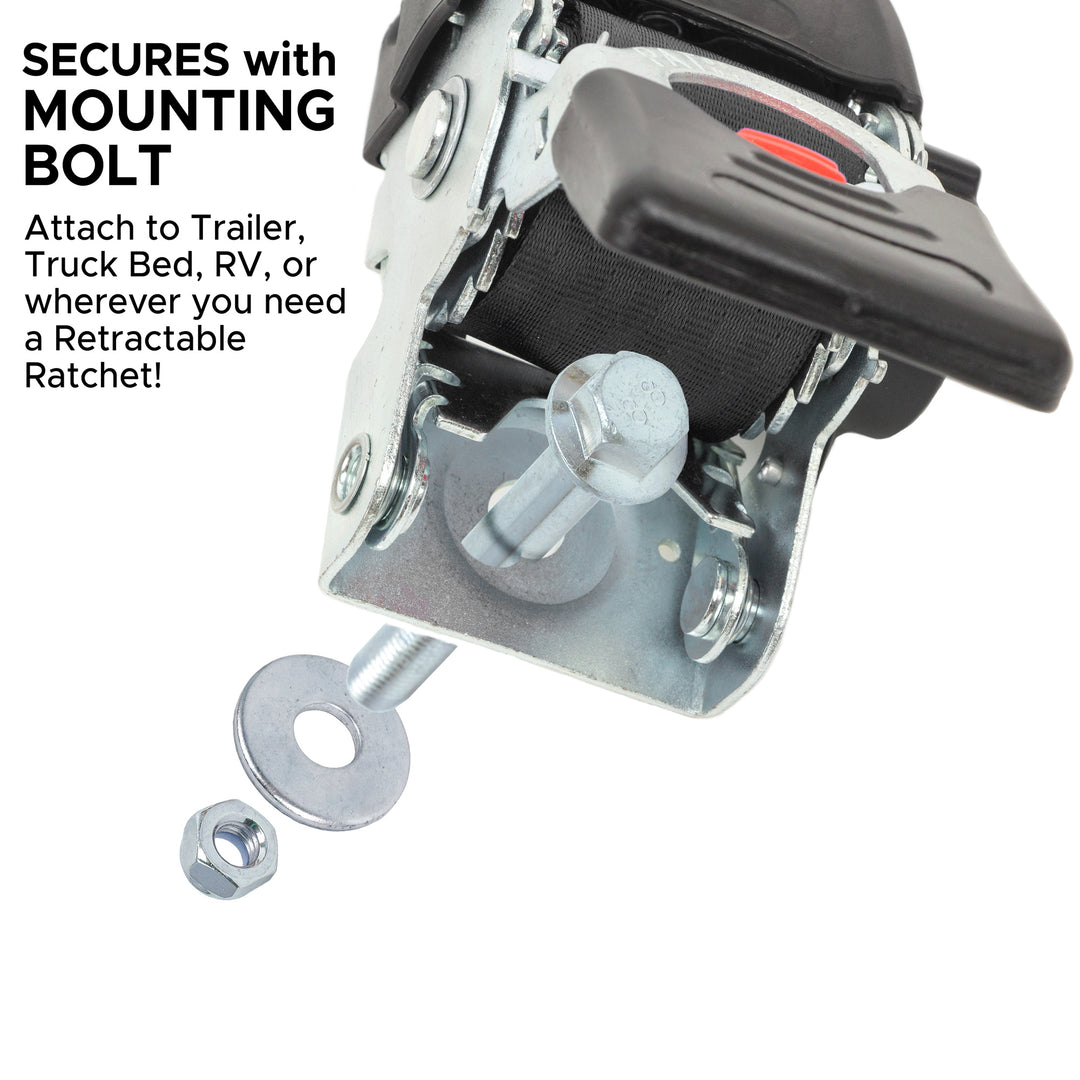 PowerTye 2in x 6ft RETRACTOR RATCHET TIE - DOWNS with MOUNTING BOLT CLOSE-UP#color_black