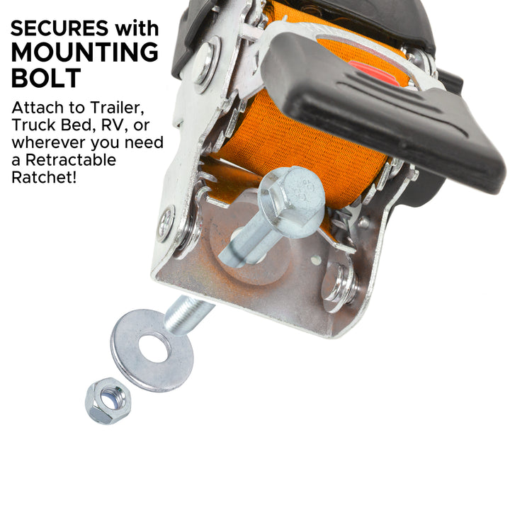PowerTye 2in x 6ft RETRACTOR RATCHET TIE - DOWNS with MOUNTING BOLT CLOSE-UP#color_orange