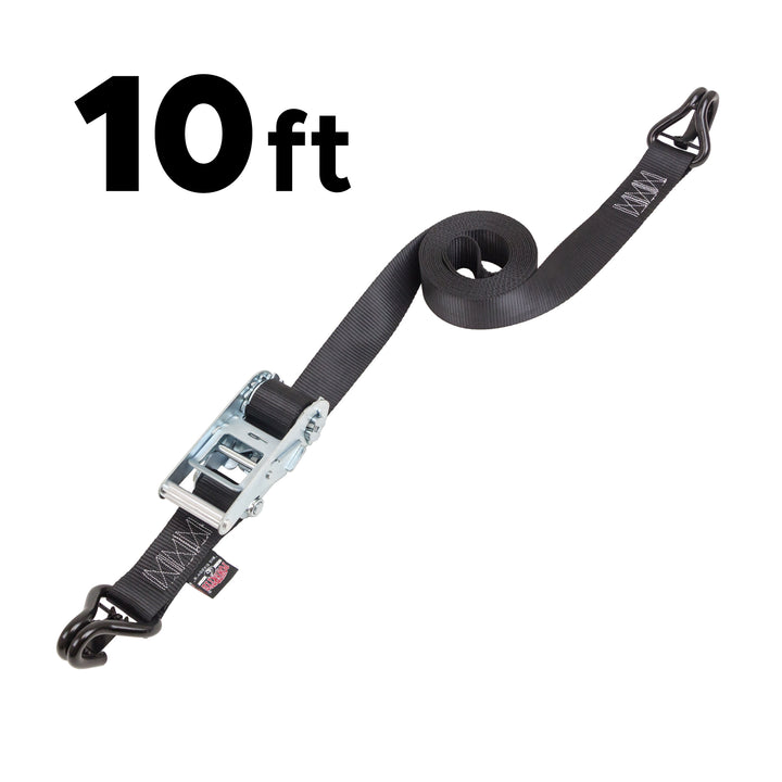 PowerTye 2in Industrial Straight Ratchet, J-Hooks with Latch, for heavy duty cargo, UTV lawnmowers, equipment#length_10-ft