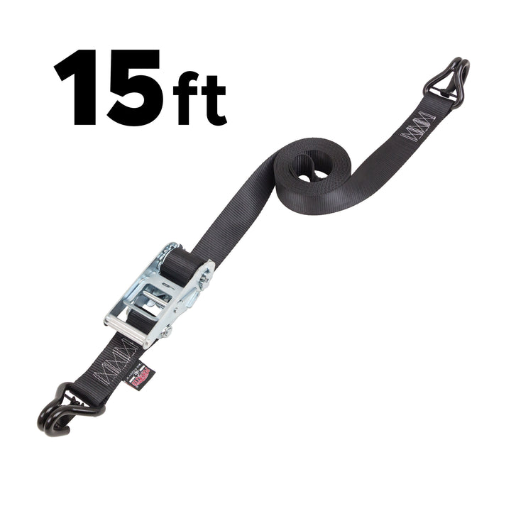 PowerTye 2in Industrial Straight Ratchet, J-Hooks with Latch, for heavy duty cargo, UTV lawnmowers, equipment#length_15-ft