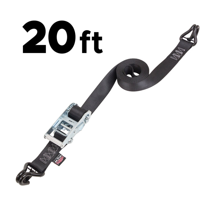 PowerTye 2in Industrial Straight Ratchet, J-Hooks with Latch, for heavy duty cargo, UTV lawnmowers, equipment#length_20-ft