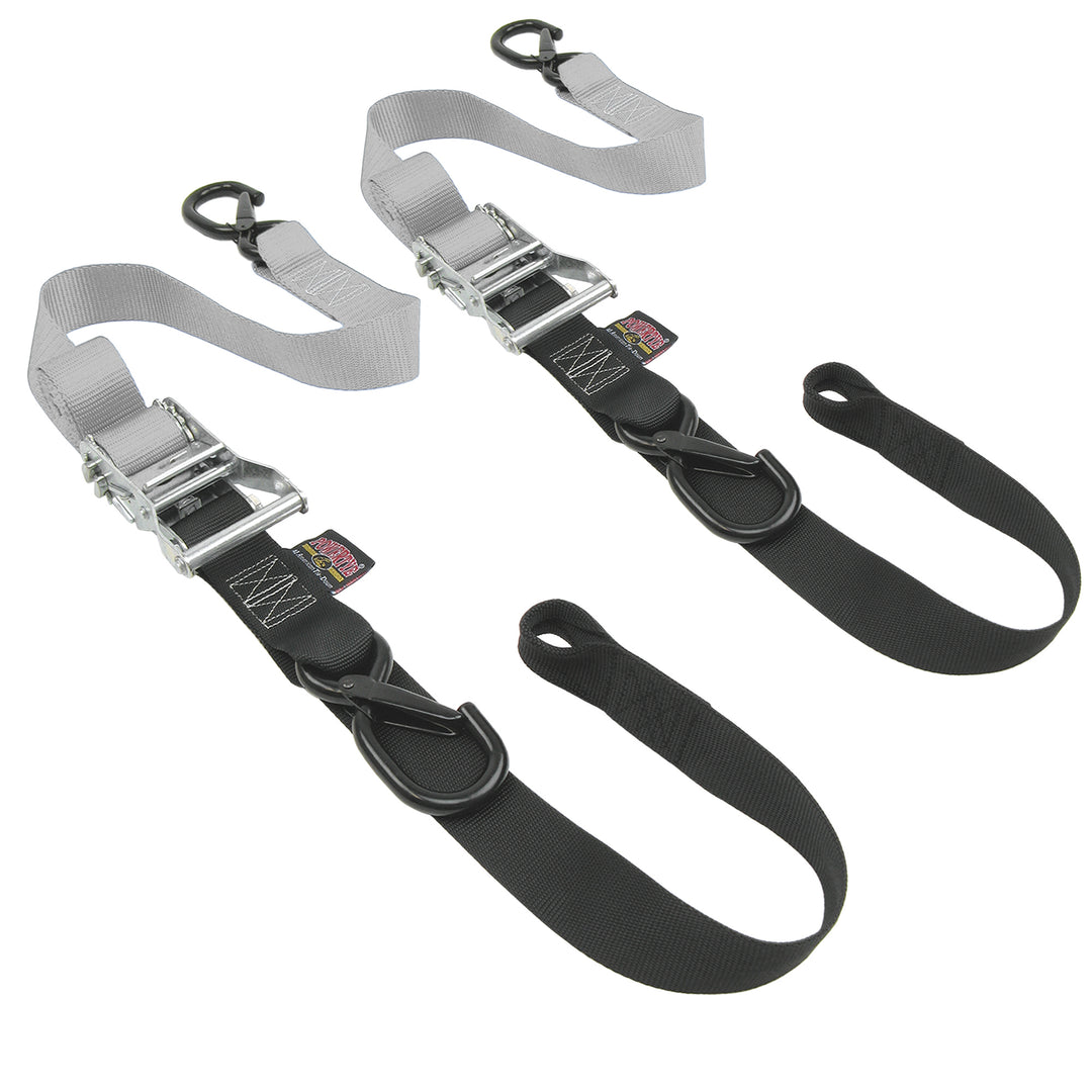 1.5in x 6.5ft FAT STRAP SOFT-TYE RATCHET TIE-DOWN with LATCH HOOKS (pair) - PowerTye #color_silver-black