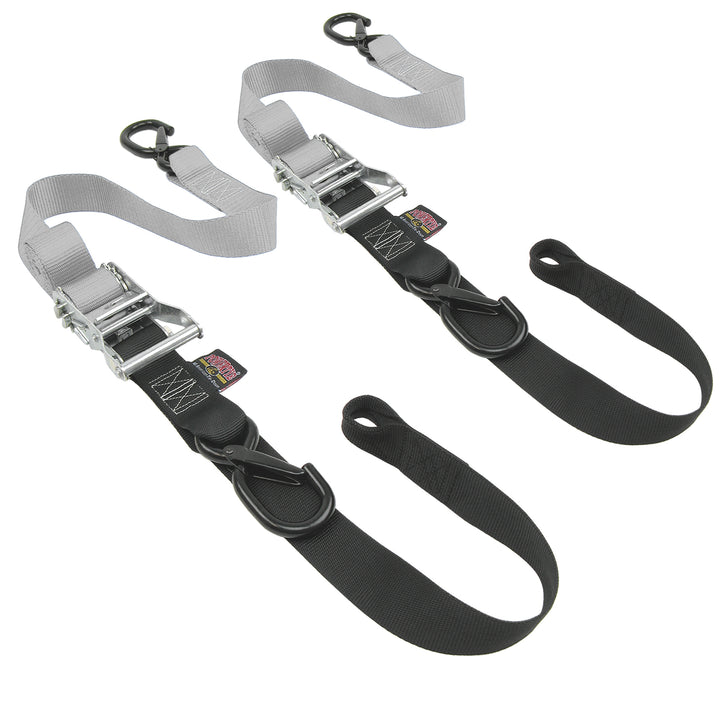 1.5in x 6.5ft FAT STRAP SOFT-TYE RATCHET TIE-DOWN with LATCH HOOKS (pair) - PowerTye #color_silver-black