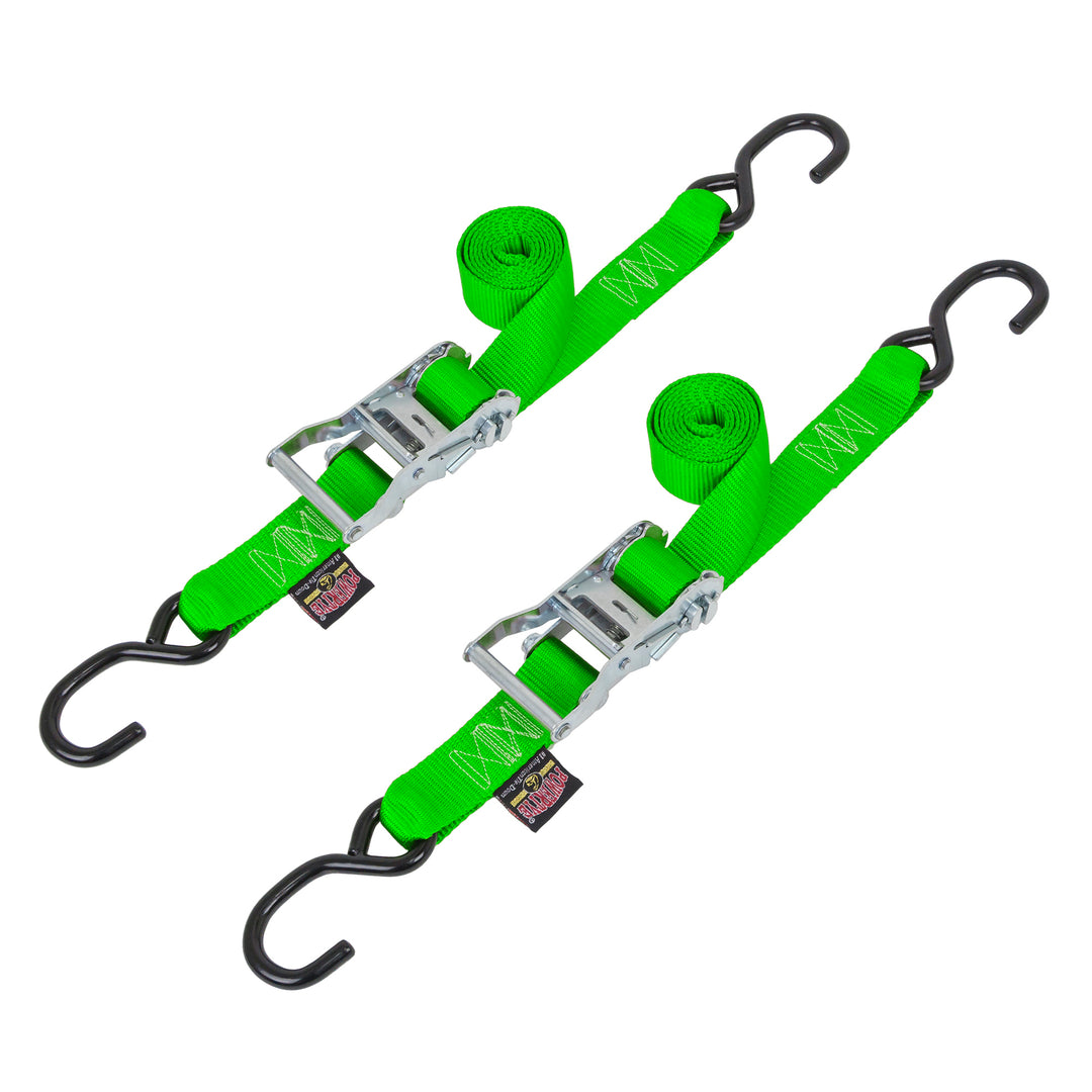 1.5in x 6ft Ratchet Tie-Down Strap, S-Hooks, for motorcycles, off-road, cargo, Made in USA#color_green