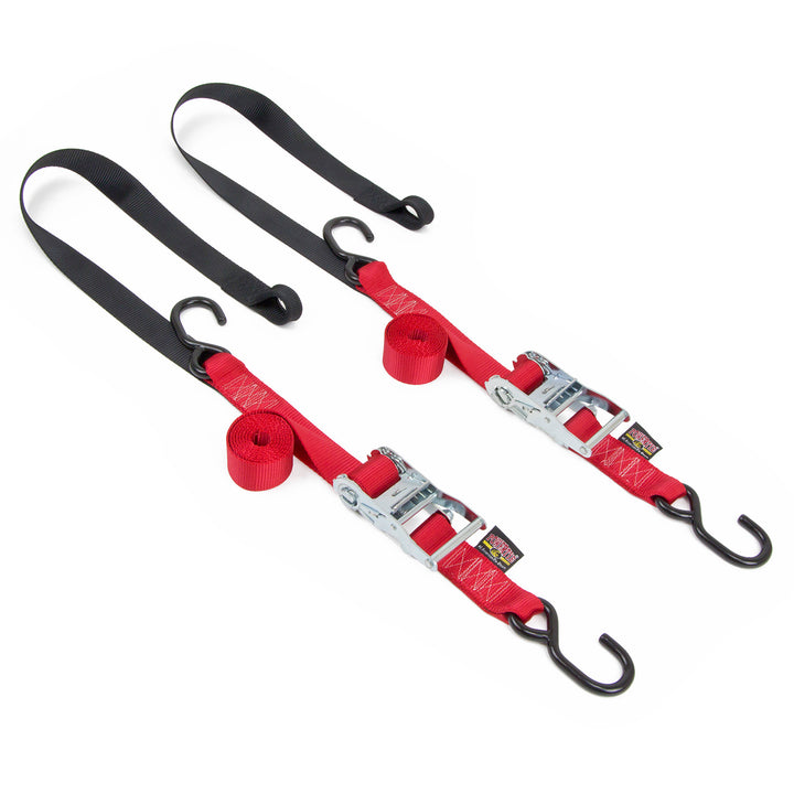 1.5in x 7ft Ratchet Strap with Soft-Tye and S-Hooks for motorcycles and other light vehicles#color_red-black