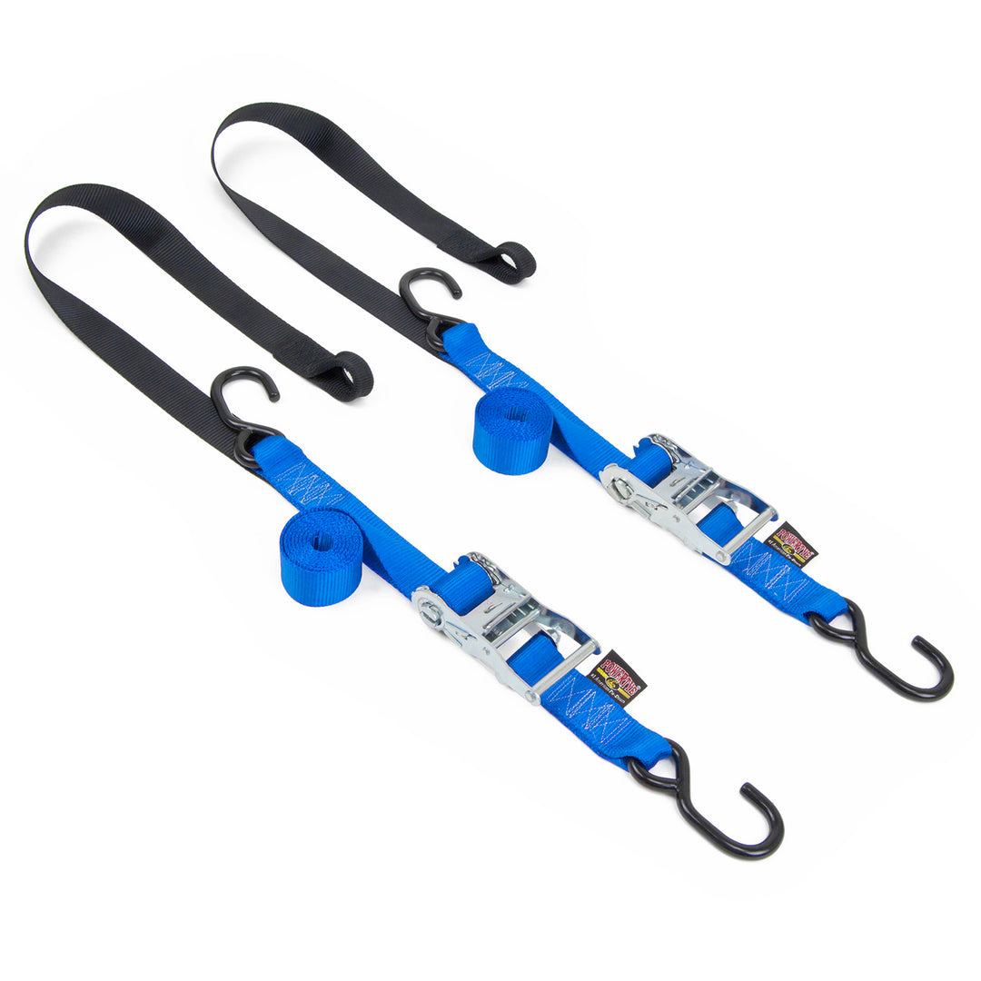 1.5in x 7ft Ratchet Strap with Soft-Tye and S-Hooks for motorcycles and other light vehicles#color_blue-black