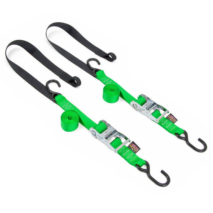1.5in x 7ft Ratchet Strap with Soft-Tye and S-Hooks for motorcycles and other light vehicles#color_green-black