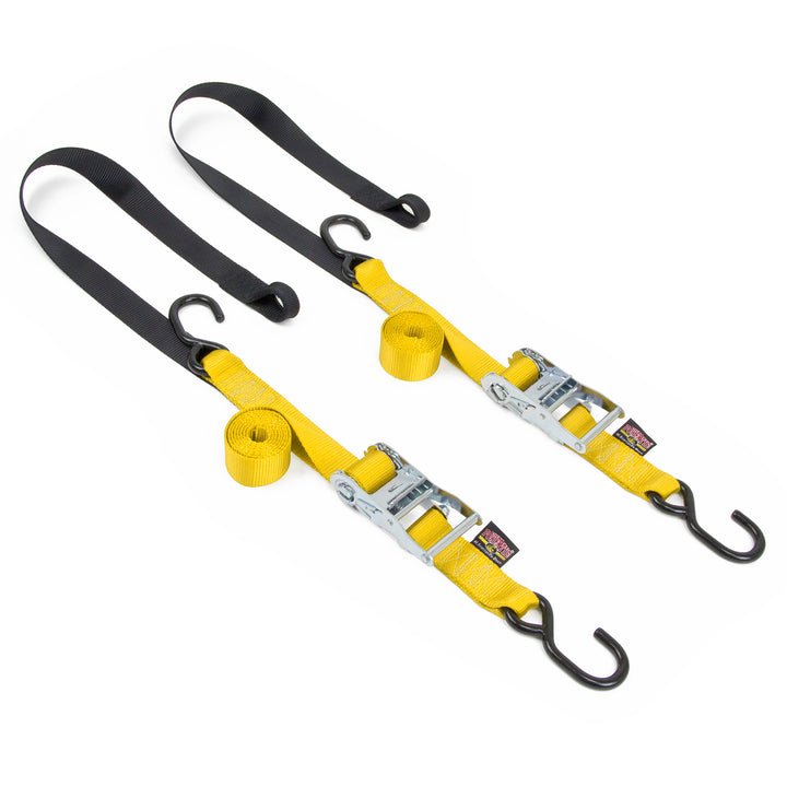 1.5in x 7ft Ratchet Strap with Soft-Tye and S-Hooks for motorcycles and other light vehicles#color_yellow-black