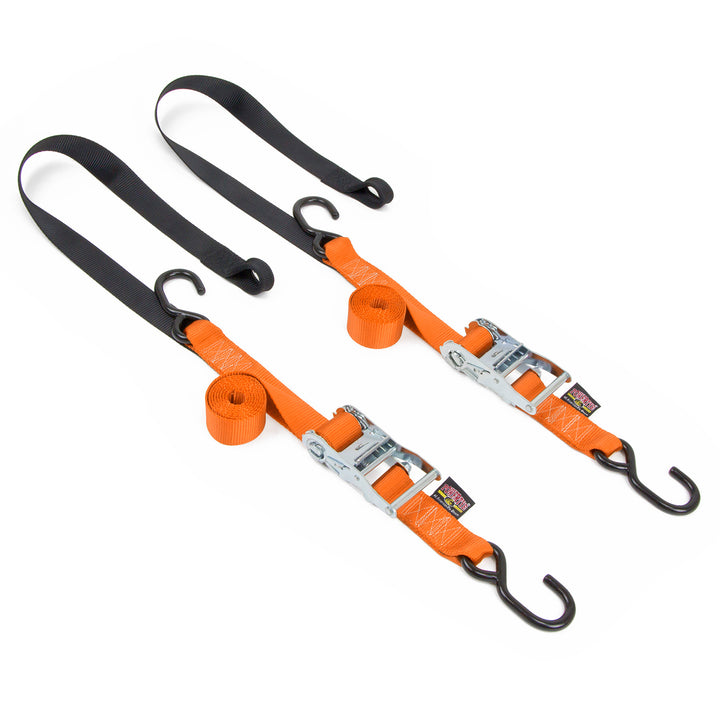 1.5in x 7ft Ratchet Strap with Soft-Tye and S-Hooks for motorcycles and other light vehicles#color_orange-black