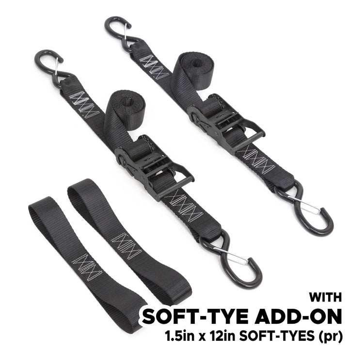 *BOGO* 1.5in x 6ft BLACK RATCHET TIE - DOWNS, LATCH HOOKS (pair) - PowerTye#add-on_add-soft-tyes-4