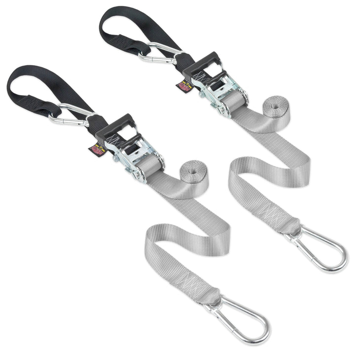 1.5in Carabiner Soft-Tye Ratchet Strap for motorcycles and cargo trailers#color_silver-black