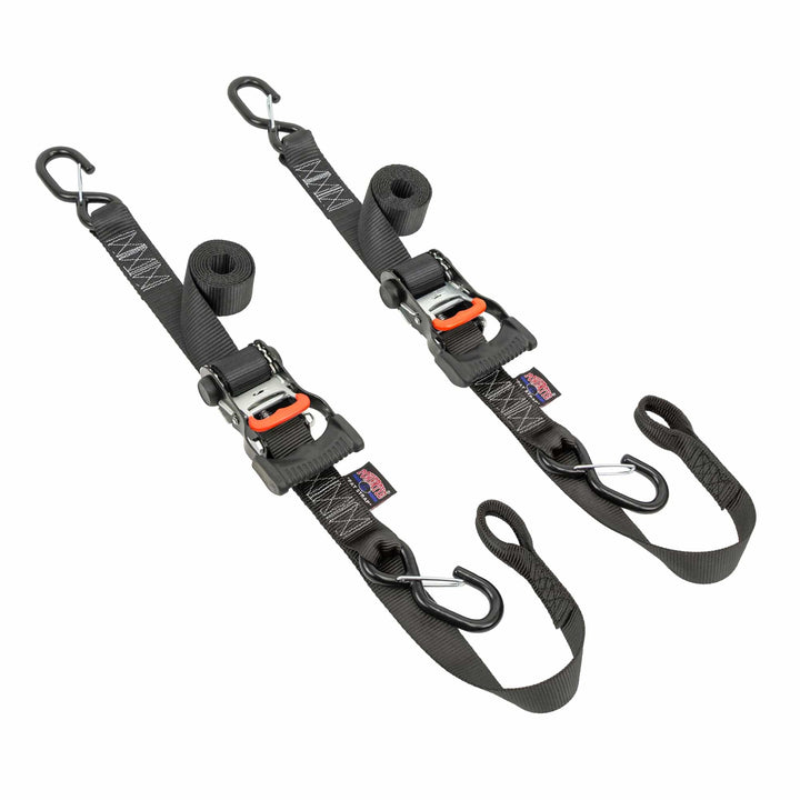 *BOGO* 1.5in x 6.5ft ERGONOMIC SOFT-TYE RATCHET TIE-DOWNS, LATCH HOOKS (pair)