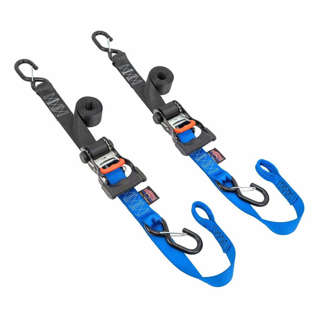 *BOGO* 1.5in x 6.5ft ERGONOMIC SOFT-TYE RATCHET TIE-DOWNS, LATCH HOOKS (pair)