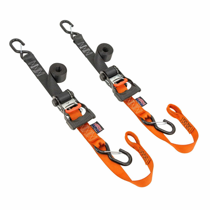 *BOGO* 1.5in x 6.5ft ERGONOMIC SOFT-TYE RATCHET TIE-DOWNS, LATCH HOOKS (pair)