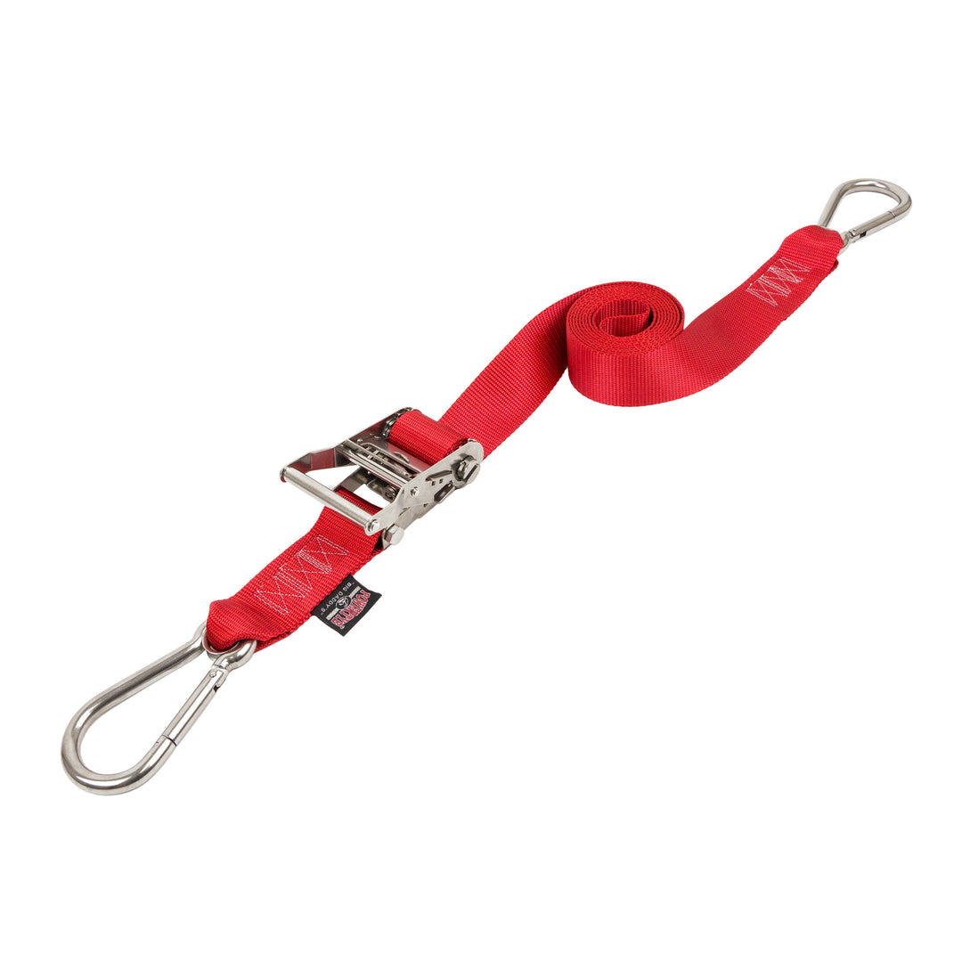 PowerTye 2in STAINLESS STEEL RATCHET STRAPS with STAINLESS CARABINER HOOKS#color_red