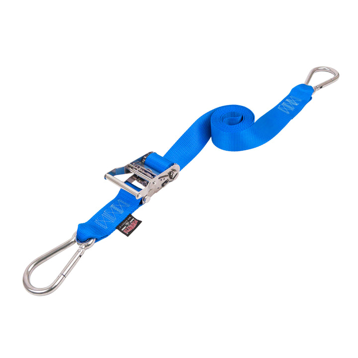 PowerTye 2in STAINLESS STEEL RATCHET STRAPS with STAINLESS CARABINER HOOKS#color_blue