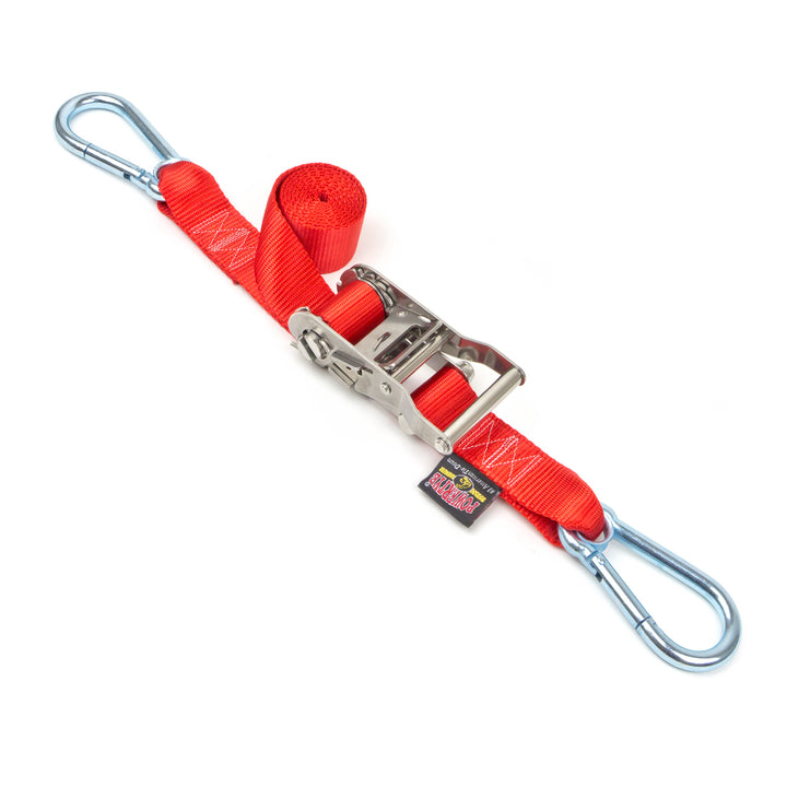 PowerTye 1.5in Stainless Steel Ratchet tie-down straps 5ft Long with carabiner hooks made in usa#color_red