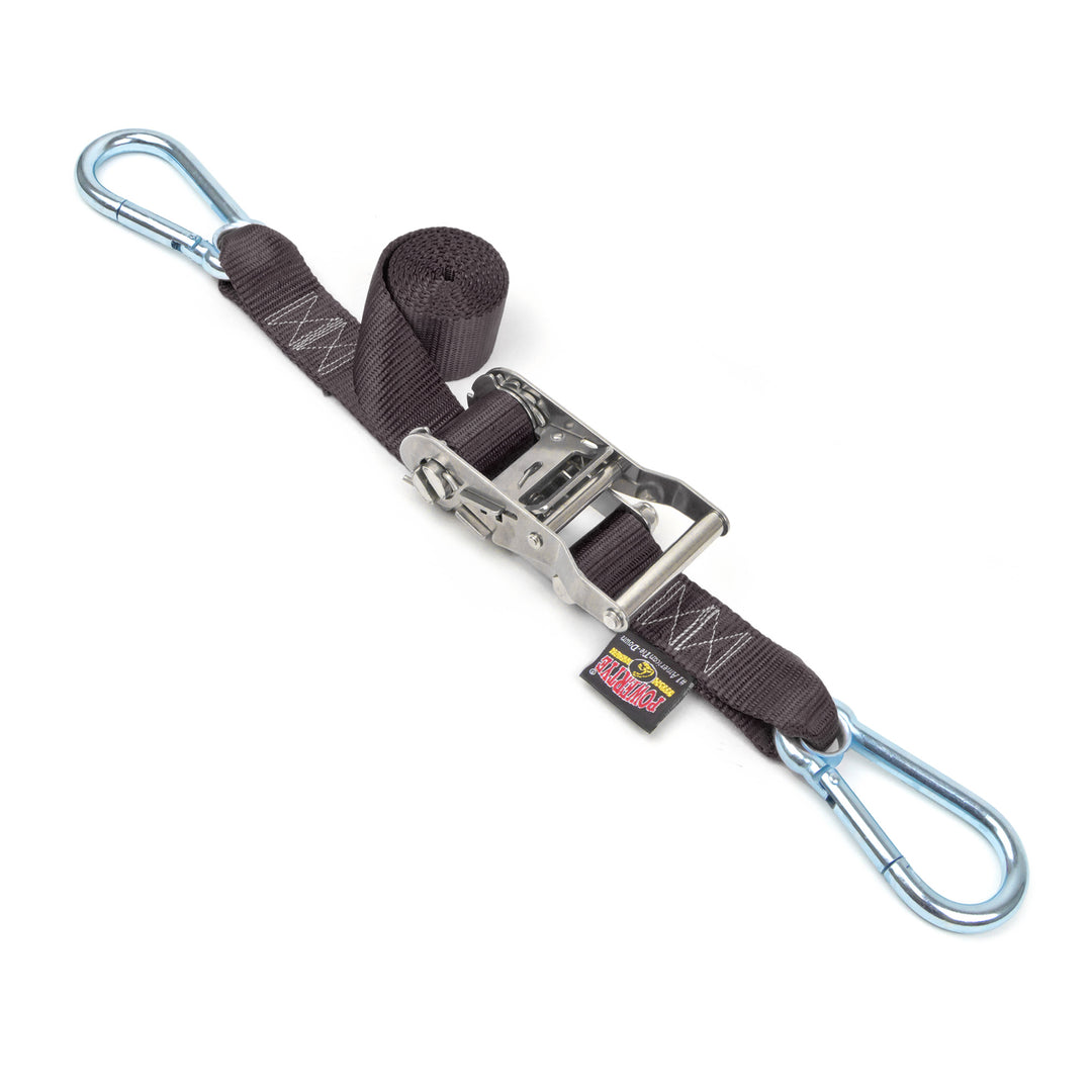 PowerTye 1.5in Stainless Steel Ratchet tie-down straps 5ft Long with carabiner hooks made in usa#color_black