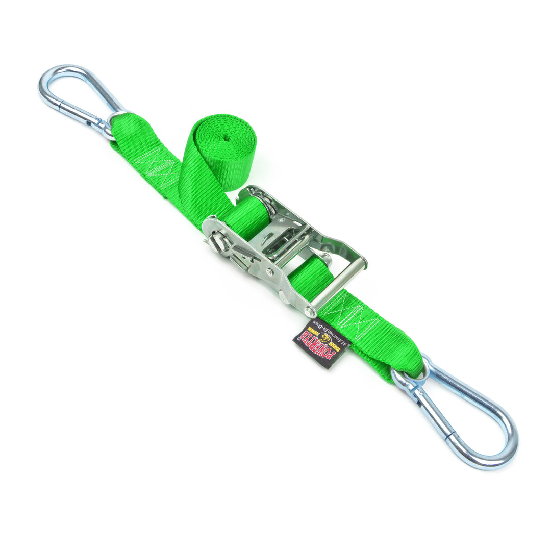 PowerTye 1.5in Stainless Steel Ratchet tie-down straps 3ft Long with carabiner hooks made in usa#color_green
