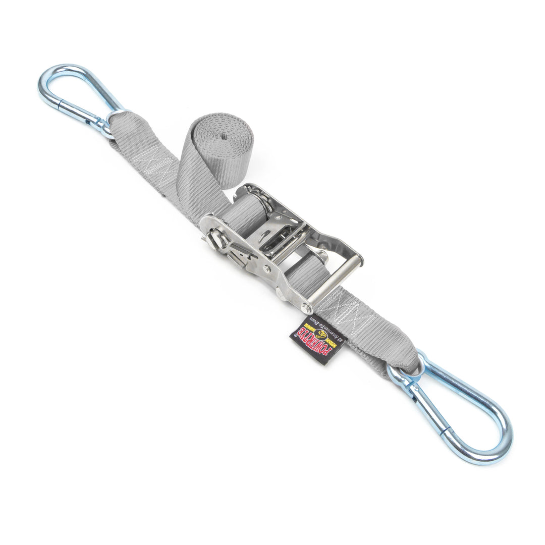 PowerTye 1.5in Stainless Steel Ratchet tie-down straps 5ft Long with carabiner hooks made in usa#color_silver