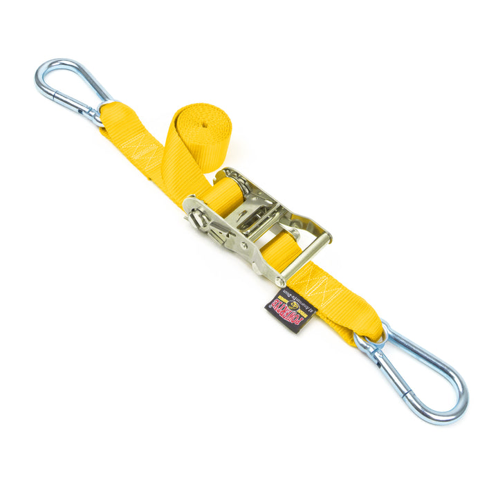 PowerTye 1.5in Stainless Steel Ratchet tie-down straps 3ft Long with carabiner hooks made in usa#color_yellow
