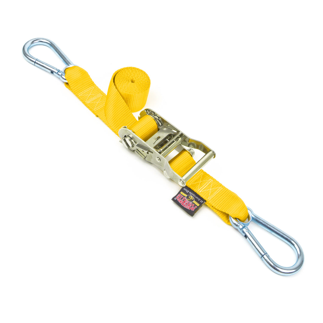 PowerTye 1.5in Stainless Steel Ratchet tie-down straps 5ft Long with carabiner hooks made in usa#color_yellow