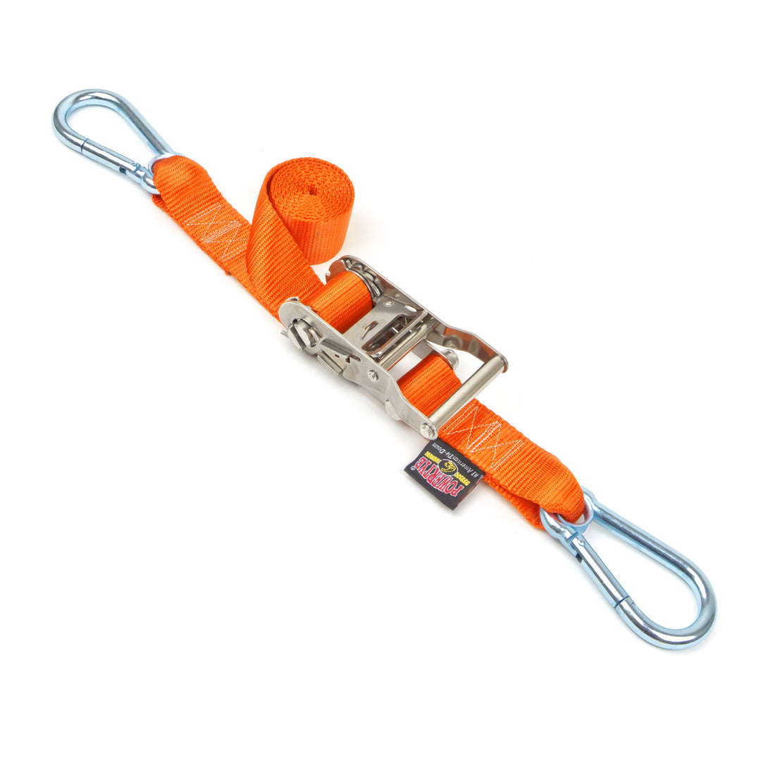 PowerTye 1.5in Stainless Steel Ratchet tie-down straps 5ft Long with carabiner hooks made in usa#color_orange