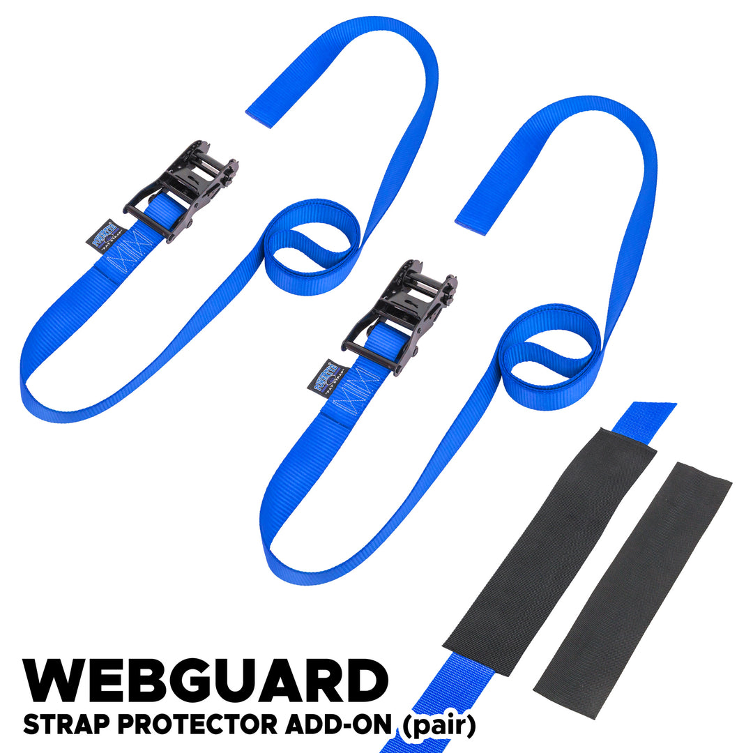 *BOGO* 1.5in -ENDLESS- BLACK RATCHET TIE - DOWNS (pair) with Webguard covers - PowerTye#color_blue