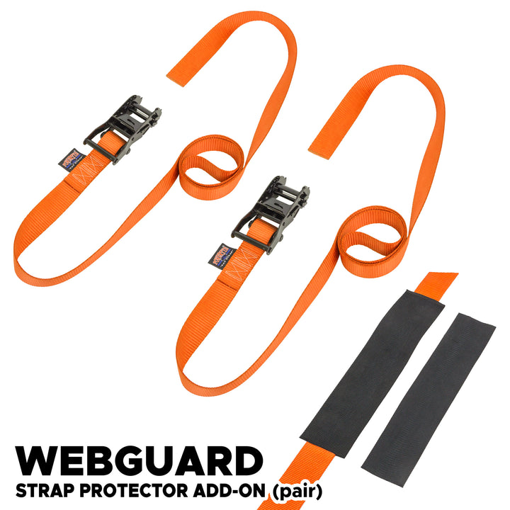 *BOGO* 1.5in -ENDLESS- BLACK RATCHET TIE - DOWNS (pair) with Webguard covers - PowerTye#color_orange