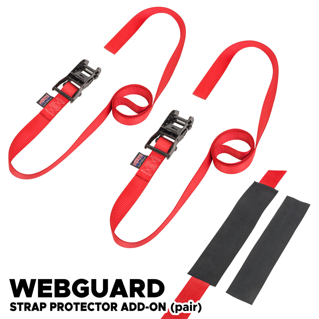 *BOGO* 1.5in -ENDLESS- BLACK RATCHET TIE - DOWNS (pair) with Webguard covers - PowerTye#color_red