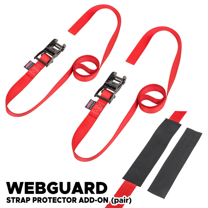 *BOGO* 1.5in -ENDLESS- BLACK RATCHET TIE - DOWNS (pair) with Webguard covers - PowerTye#color_red