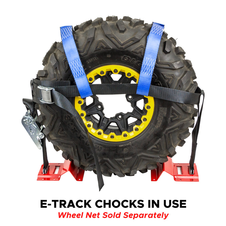 E-Track Chock 2 Pack with Wheel Net in use with hardware for UTV and other light vehicles #color_red