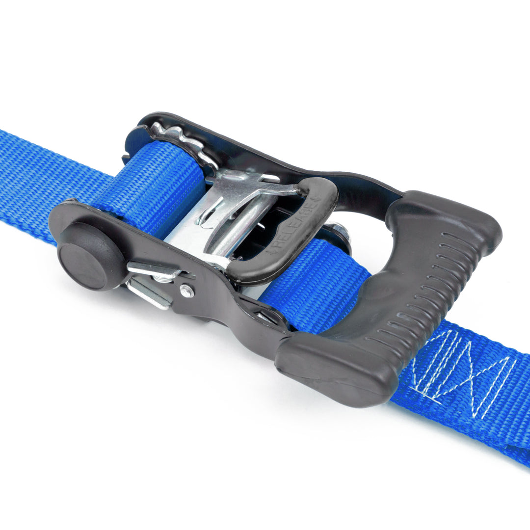 *BOGO* 1.5in x 6.5ft ERGONOMIC SOFT - TYE RATCHET TIE - DOWNS, closeup - PowerTye#color_black-blue