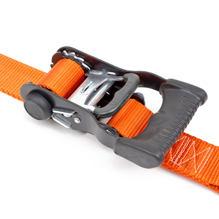 *BOGO* 1.5in x 6.5ft ERGONOMIC SOFT - TYE RATCHET TIE - DOWNS, closeup - PowerTye#color_black-orange