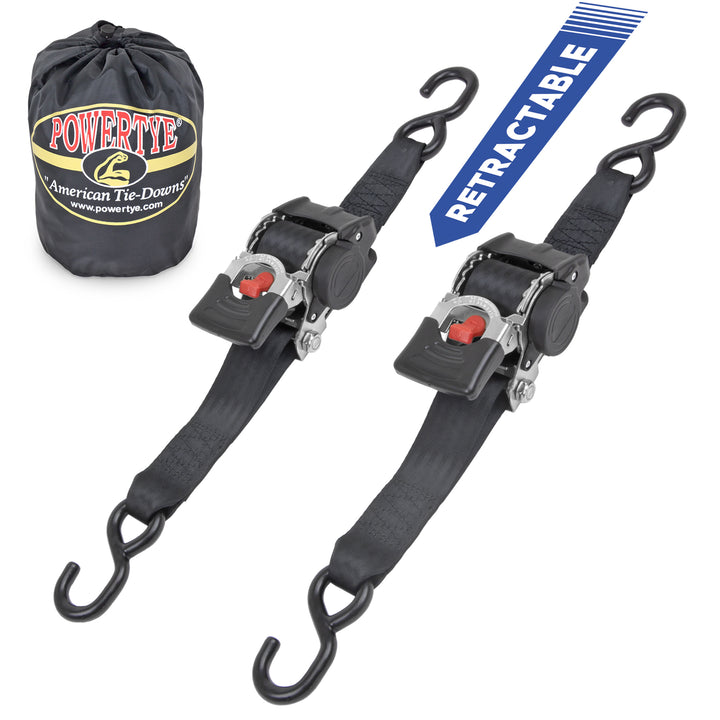 2in x 10ft RETRACTOR RATCHET TIE-DOWN STRAPS with S-HOOKS, STORAGE BAG (pair + bag)