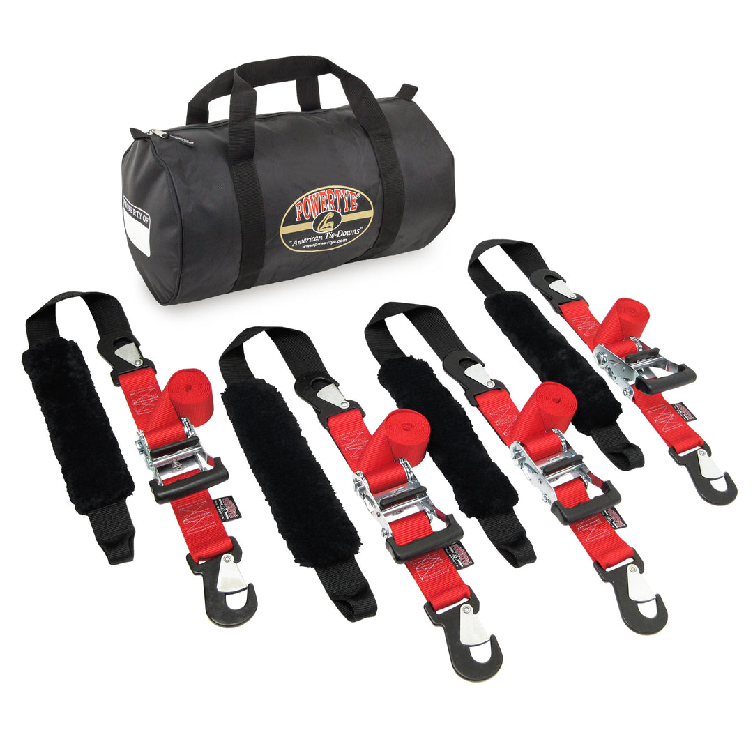 PowerTye 2in BIG DADDY PREMIUM TRAILER KIT for Motorcycles, Harleys, V-Twins and UTVs, heavy duty ratchet straps#color_red