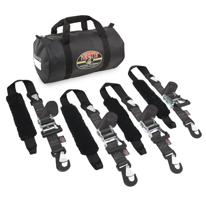 PowerTye 2in BIG DADDY PREMIUM TRAILER KIT for Motorcycles, Harleys, V-Twins and UTVs, heavy duty ratchet straps#color_black