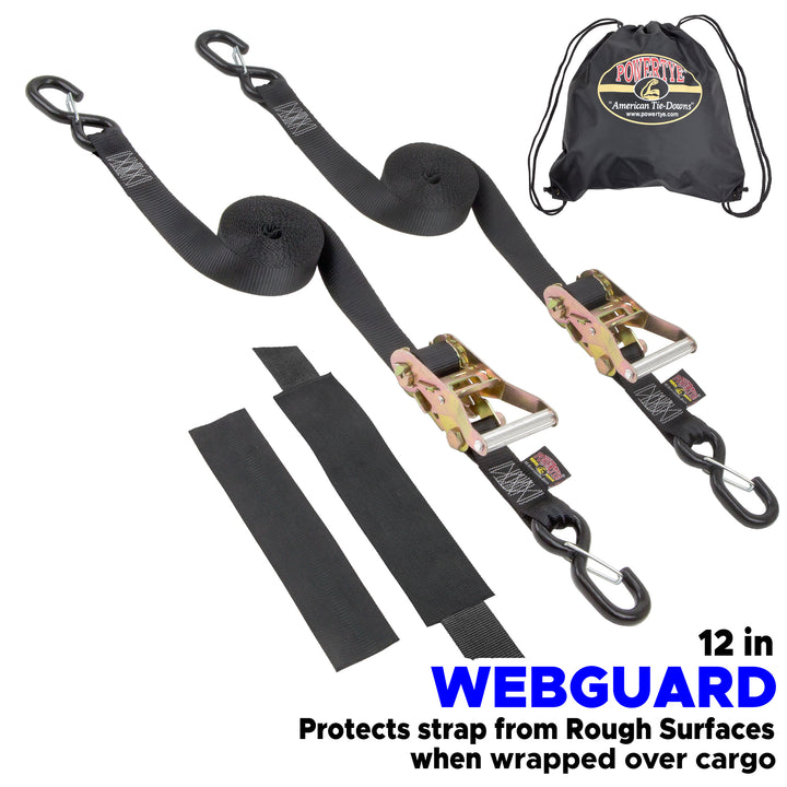 1.5in x 16ft Industrial Ratchet Straps Latch Hooks for cargo and vehicles with Back Sack Storage Bag and WebGuard Covers#color_black