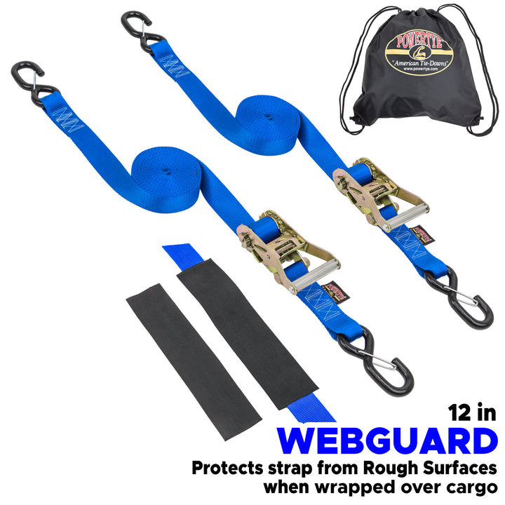 1.5in x 16ft Industrial Ratchet Straps Latch Hooks for cargo and vehicles with Back Sack Storage Bag and WebGuard Covers#color_blue