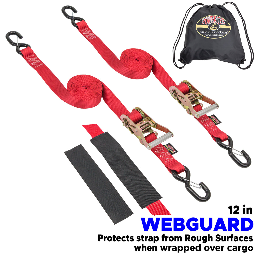 1.5in x 16ft Industrial Ratchet Straps Latch Hooks for cargo and vehicles with Back Sack Storage Bag and WebGuard Covers#color_red