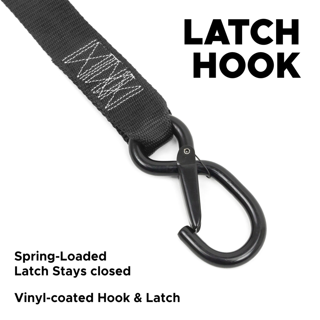 1.5in x 7ft QUICK STRAP RATCHET-CAM TIE-DOWN with PLUSH SOFT-TYE, LATCH HOOKS (pair)