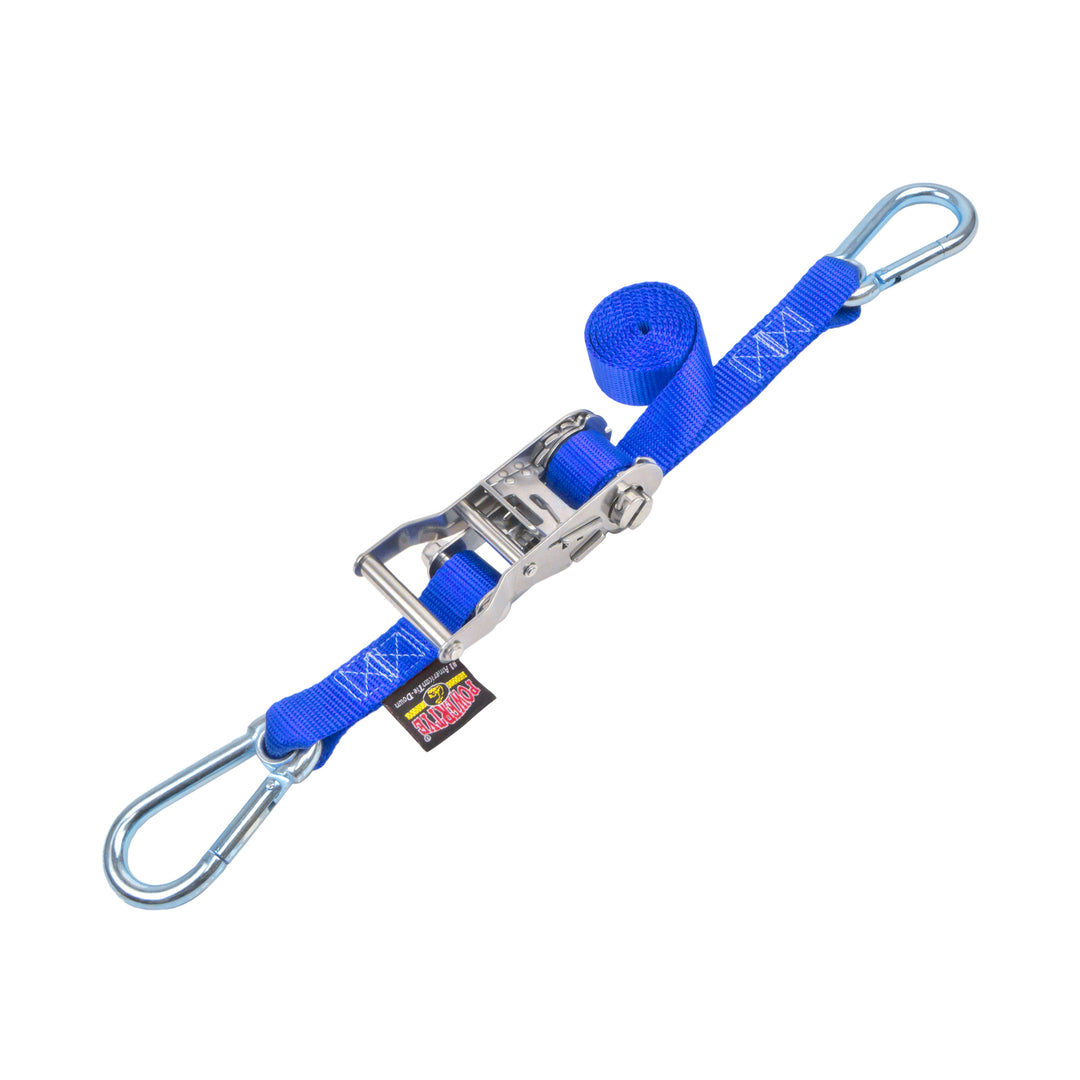 Stainless Steel Ratchet Strap 1 inch x 3 feet with Carabiner Hooks#color_blue