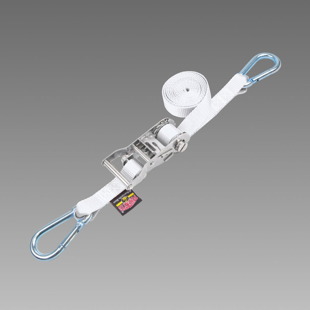 Stainless Steel Ratchet Strap with Carabiner Hooks - 1 inch x 15 feet #color_white